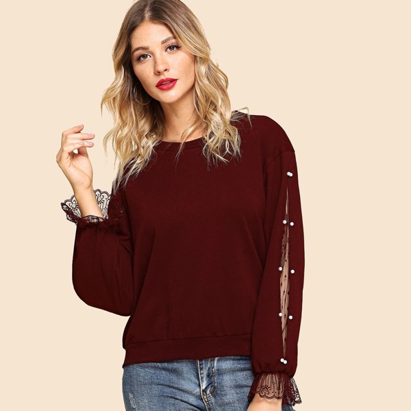 

Pearls Beaded Lace Contrast Pullover