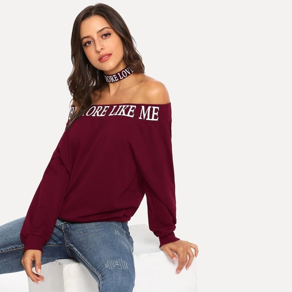 

Off Shoulder Letter Print Pullover, Burgundy