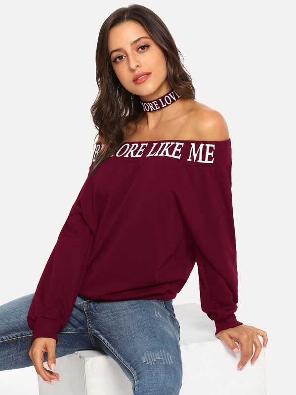 

Off Shoulder Letter Print Pullover, Burgundy, Mary P.