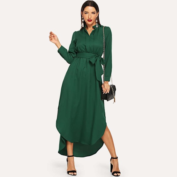 

Tie Waist Curved Hem Midi Shirt Dress, Green