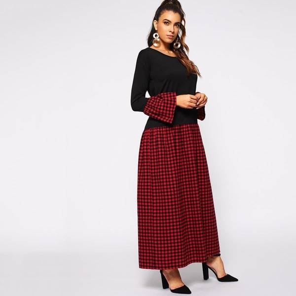 

Gingham Patchwork Flounce Sleeve Longline Dress, Multicolor