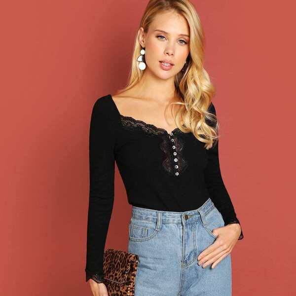 

Button Front Lace Ribbed Knit Tee