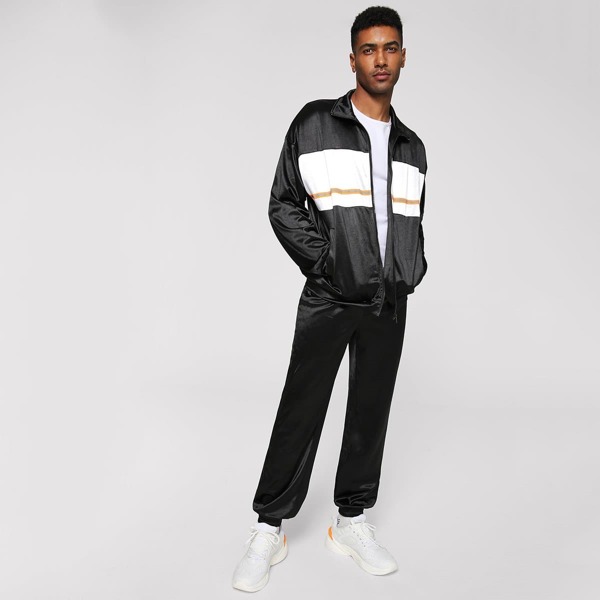 

Men Color Block Elastic Hem Jacket & Pants Set, Black