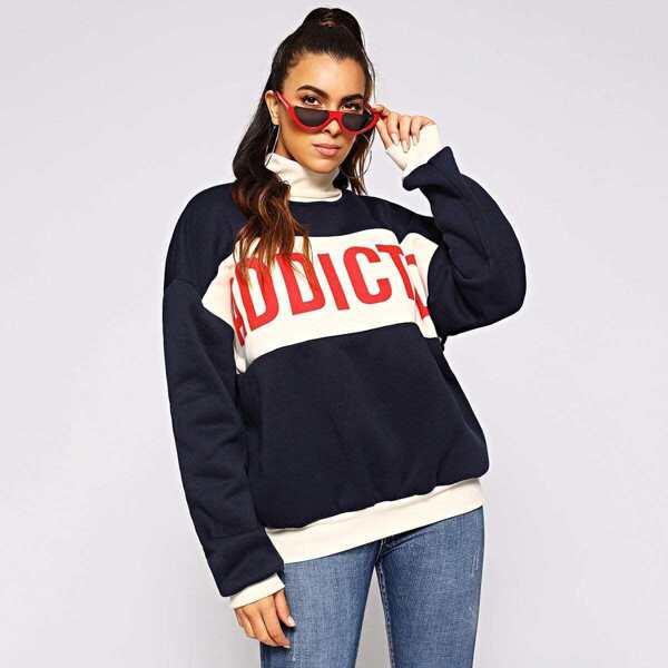 

Letter Print Drop Shoulder High Neck Sweatshirt, Navy