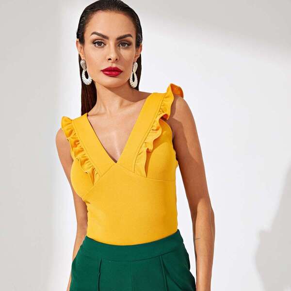 

Plunging Ruffle Trim Tank Top, Yellow