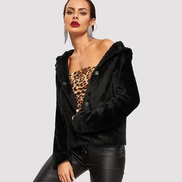 

Button Front Hooded Teddy Solid Jacket