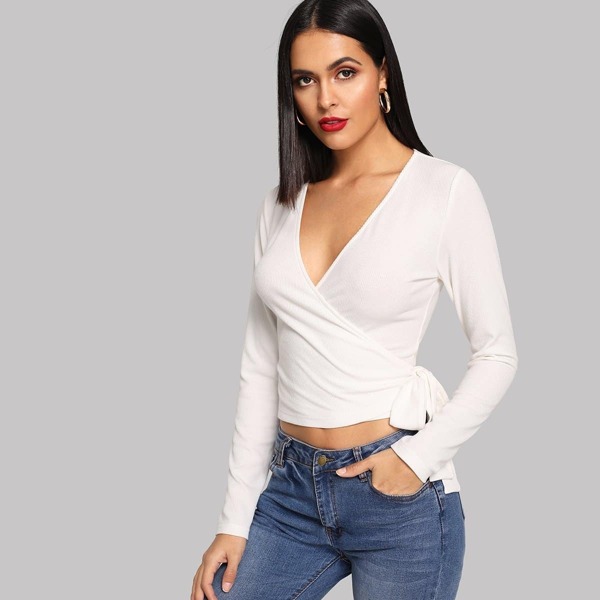 

Self Tie Wrap Side Rib Crop Top, White