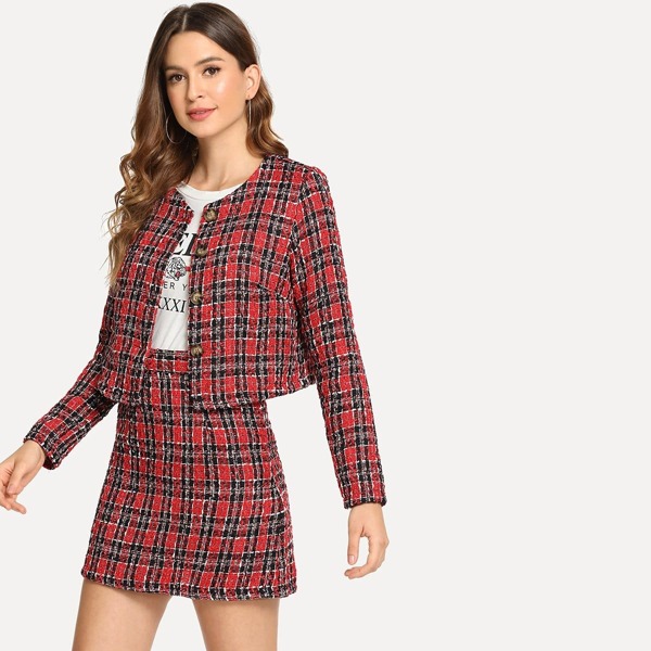 

Button Up Plaid Tweed Coat and Skirt Set