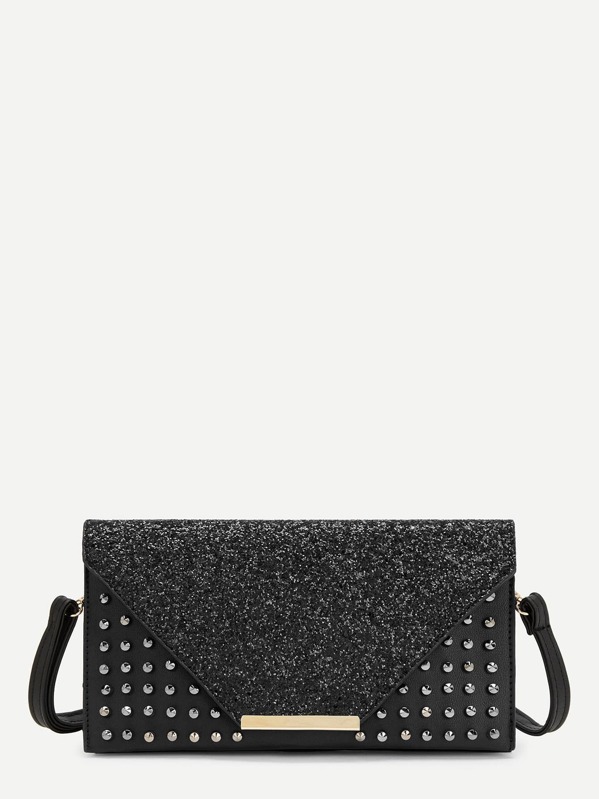 

Studded Detail Glitter Clutch Bag, Black