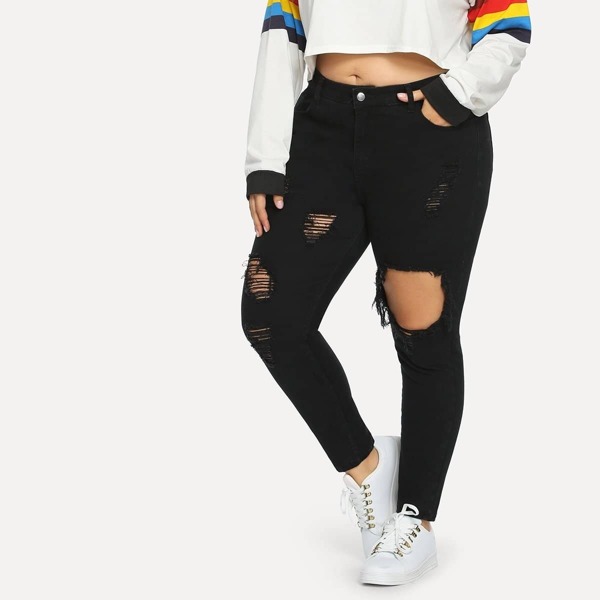 

Plus Ripped Solid Skinny Jeans, Black