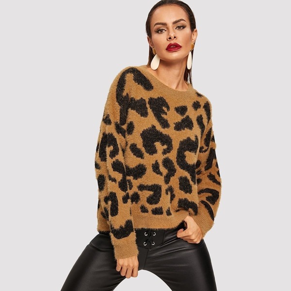 

Drop Shoulder Leopard Fluffy Sweater