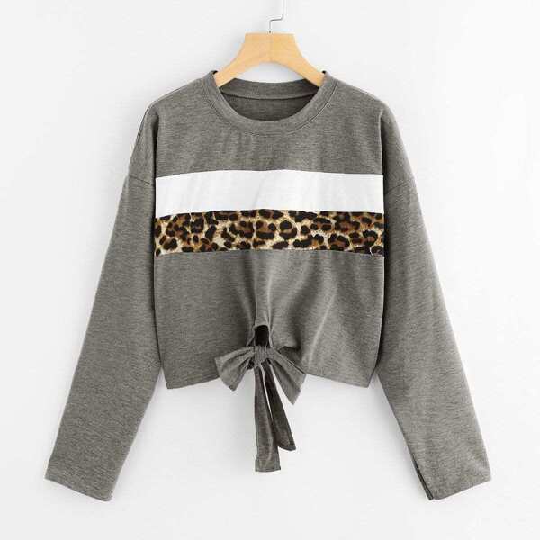 

Knot Hem Leopard Print Tee, Grey
