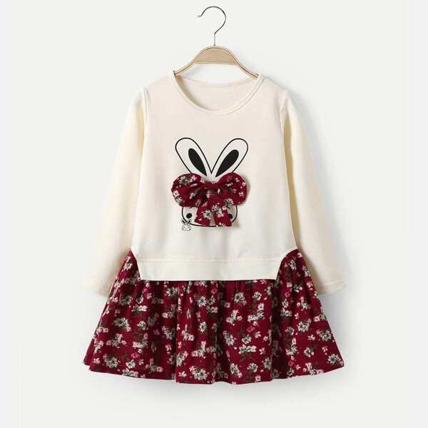 

Toddler Girls Contrast Hem Floral & Rabbit Print Dress