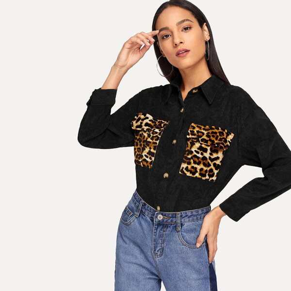 

Leopard Print Pocket Decoration Corduroy Blouse