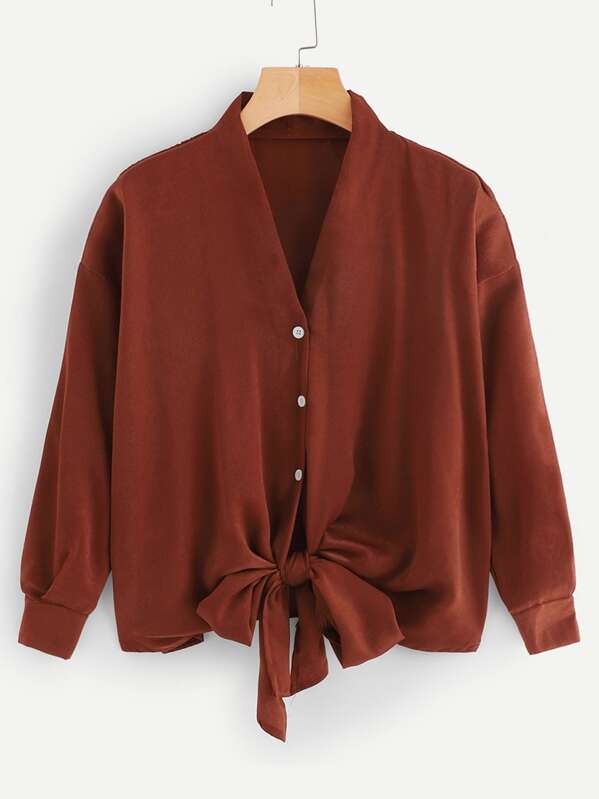 

Button Through Knot Hem Solid Blouse, Red