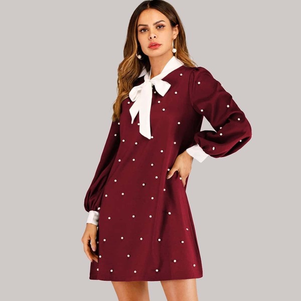 

Contrast Trim Tie Neck Pearl Beaded Dress