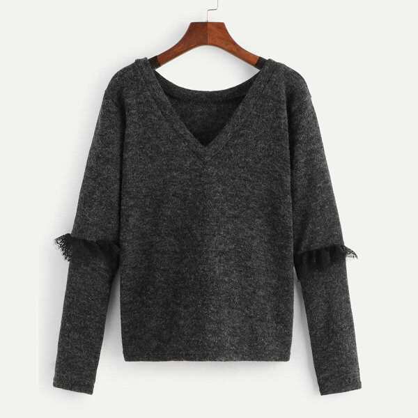 

Contrast Lace V-Neck Sweater, Black