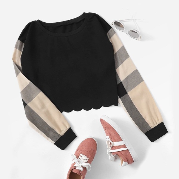 

Contrast Plaid Sleeve Scallop Hem Pullover
