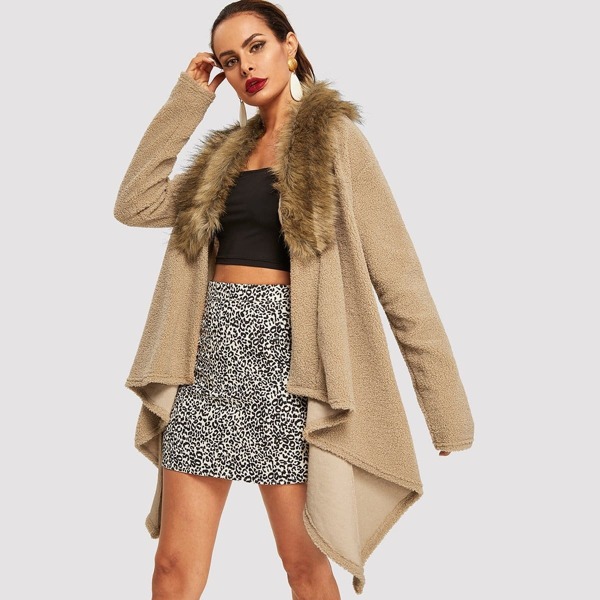 

Asymmetrical Hem Open Front Teddy Coat