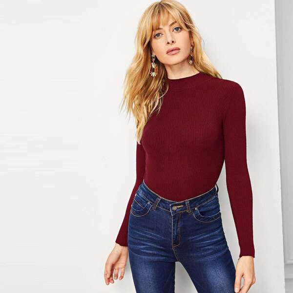 

Solid Stand-Neck Ribbed Jumper