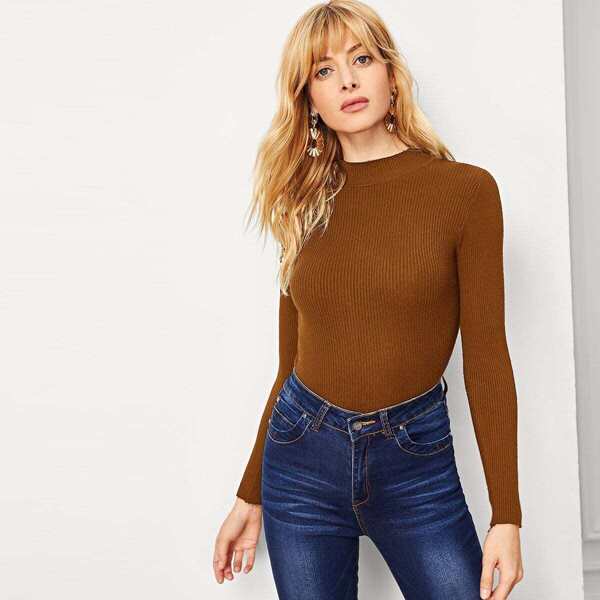 

Solid Stand-Neck Ribbed Jumper