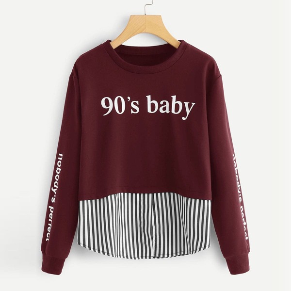 

Letter Print Contrast Striped Hem Sweatshirt, Burgundy