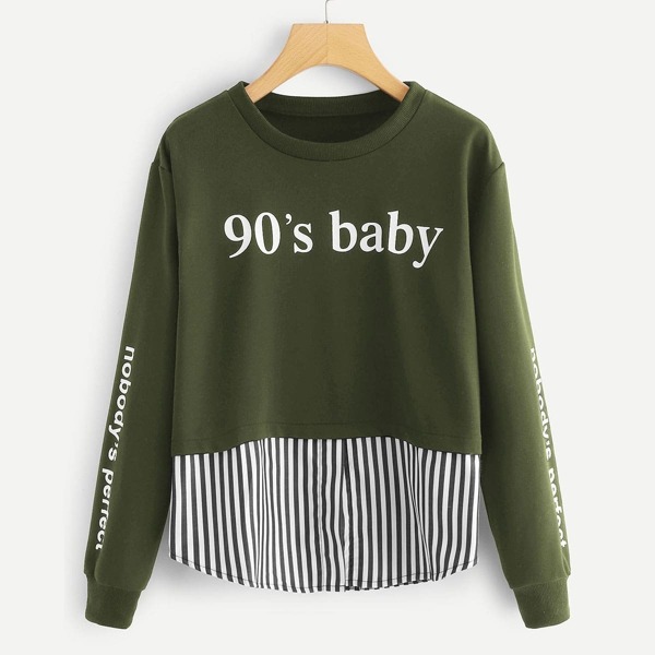 

Letter Print Contrast Striped Hem Sweatshirt