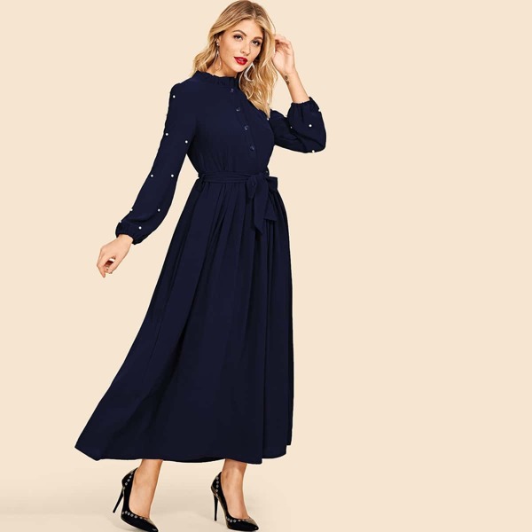

Frill Neck Pearls Sleeve Tie Waist Dress, Navy