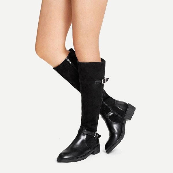 

Suede Solid Buckle Side Boots