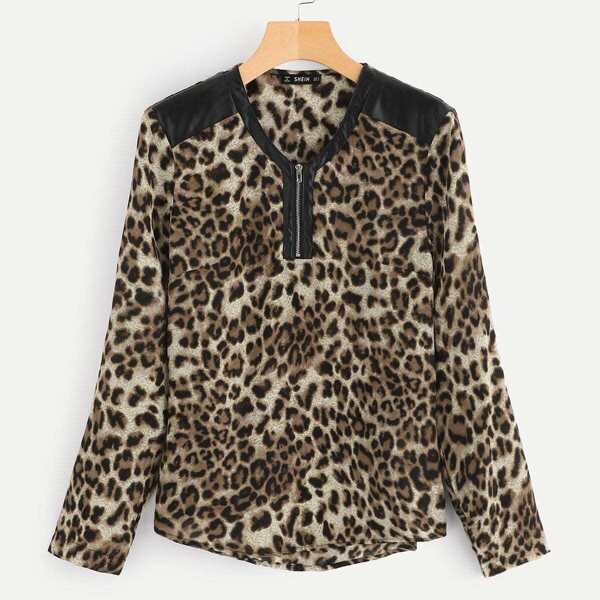 

Zip Half Placket Leopard Shirt