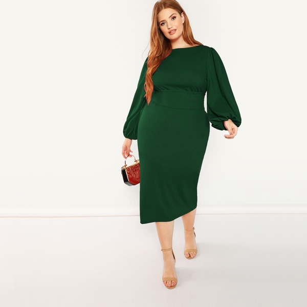 

Plus Balloon Sleeve Belted Pencil Dress, Green