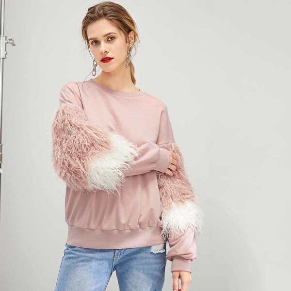 

Faux Fur Detail Drop Shoulder Pullover, Pink