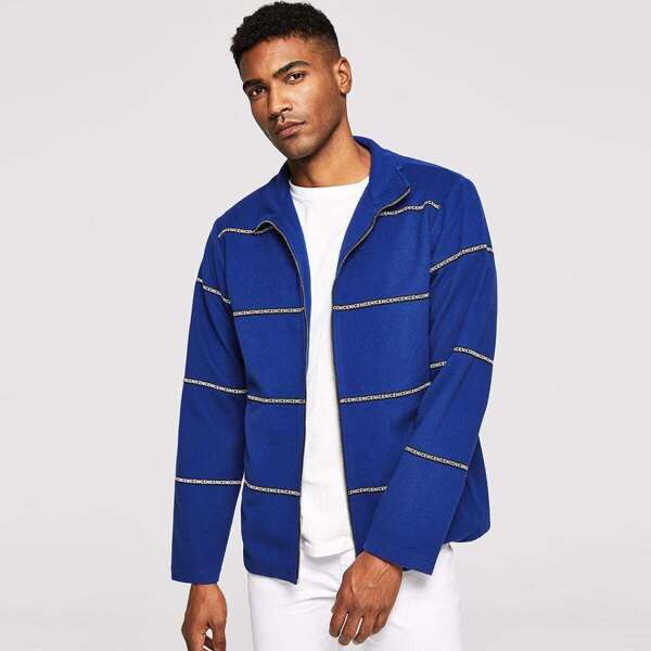

Men Zip Up Letter Tape Jacket, Blue