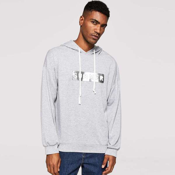 

Men Letter Front Drawstring Hoodie, Grey
