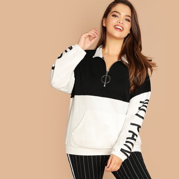 

Plus O-Ring Zip Half Placket Colorblock Sweatshirt, Black and white