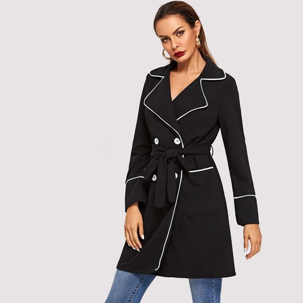 

Contrast Binding Double Breasted Belted Coat, Black