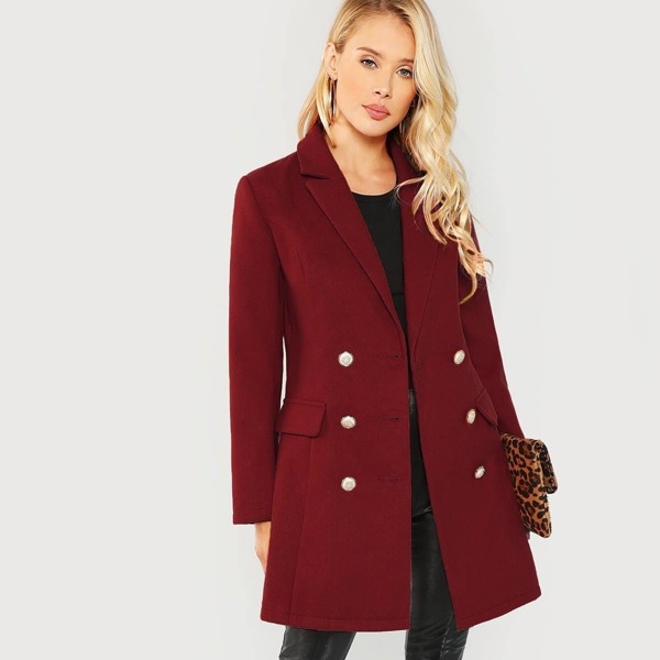 

Double Breasted Notched Neck Solid Coat