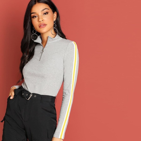 

Zip Front Ribbed Knit Mock-Neck Tee