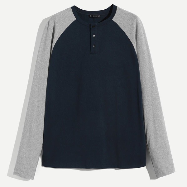 

Men Button Half Placket Raglan Sleeve Tee