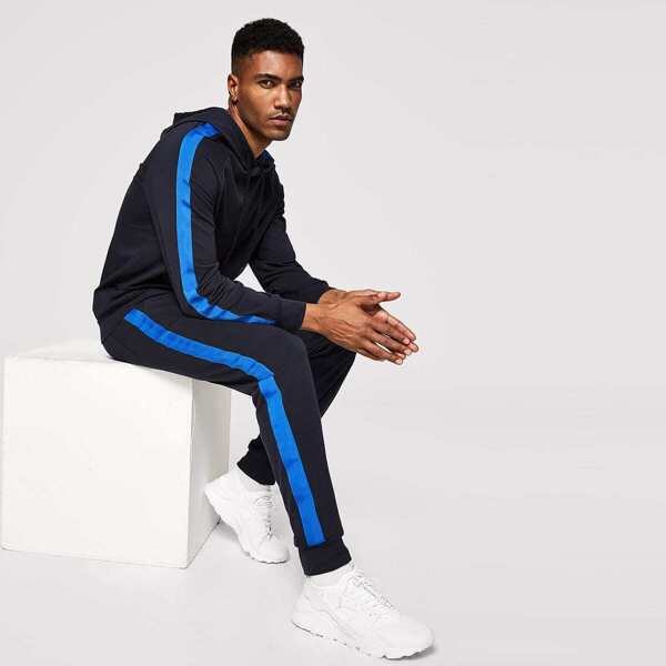 

Men Pocket Front Drawstring Color Block Hoodie & Pants Set