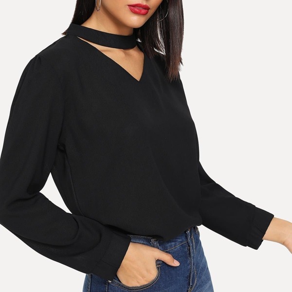 

V Cut Choker Neck Solid Blouse