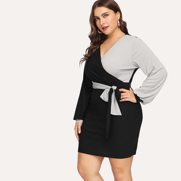 

Plus Two Tone Surplice Wrap Knot Dress