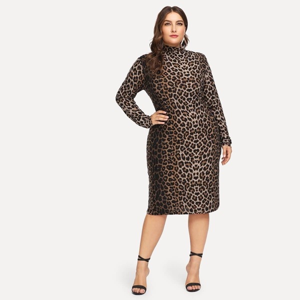 

Plus Mock-Neck Leopard Print Dress