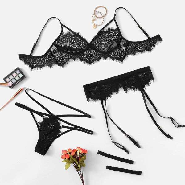 

Eyelash Lace Garter Lingerie Set