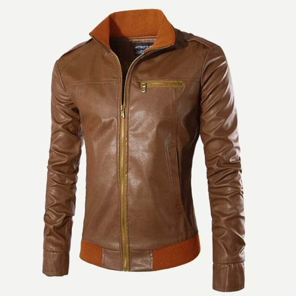 

Men Stand Collar Solid PU Jacket