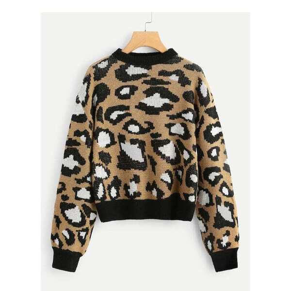

Plus Contrast Trim Leopard Sweater