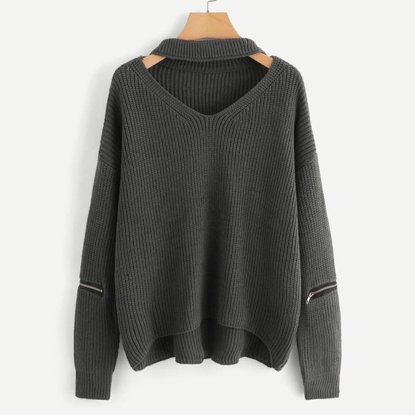 

V Cut Neck Zipper Detail Sweater, Grey