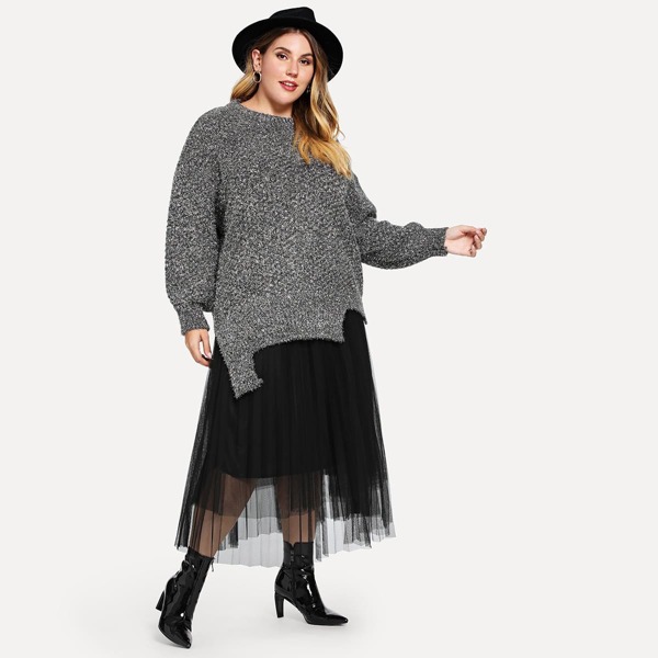 

Plus Asymmetrical Hem Marled Sweater, Grey