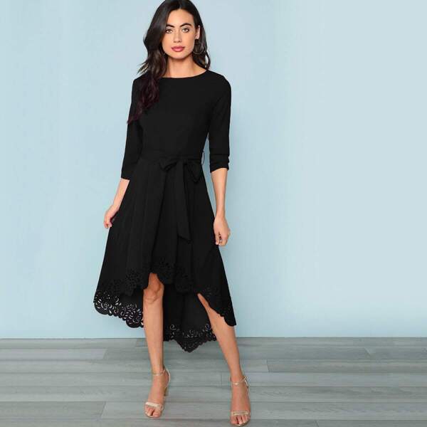 

Laser Cut Dip Hem Dress with Belt