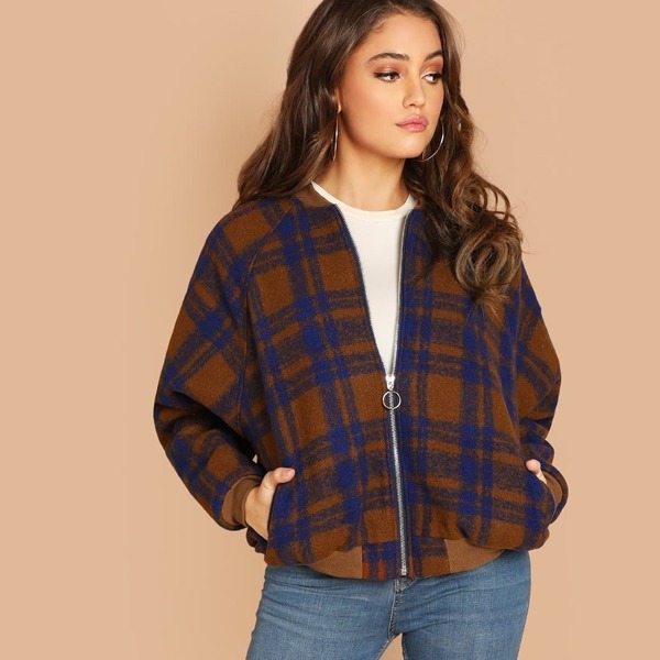 

Zip Up Plaid Bomber Jacket, Multicolor